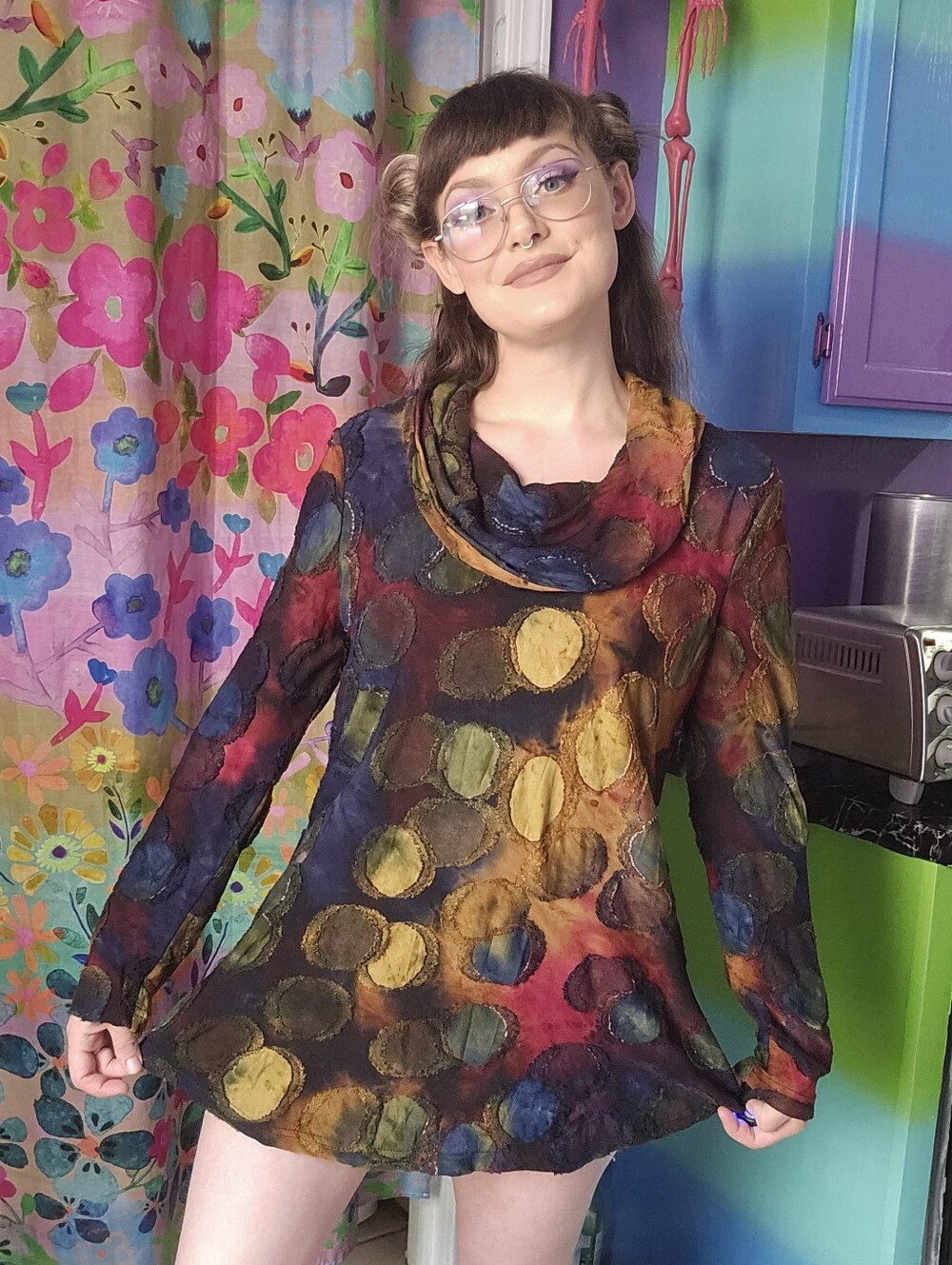Grunge Watercolor Dot Artistic Unique Cowl Neck Long Sleeve Top By Ali Miles S